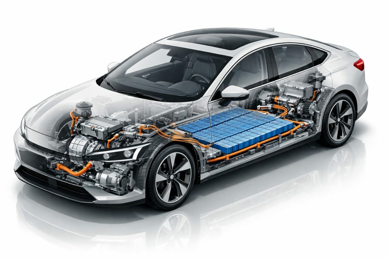 Vue interne d’une voiture électrique montrant la batterie, les moteurs et les composants haute tension